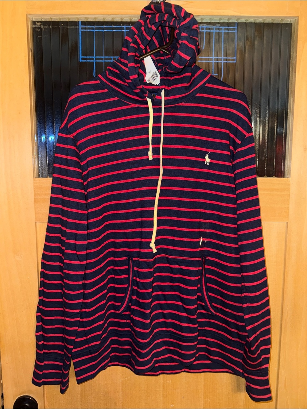 Polo Ralph Lauren Men's Large  Navy Red Striped Cotton-Linen Terry Hoodie NWT